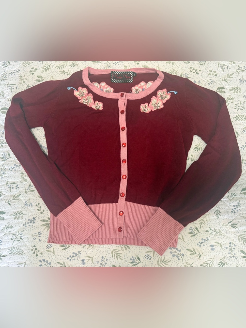 Voodoo Vixen Burgundy and Pink Floral-Embroidered Cardigan EUC Retro